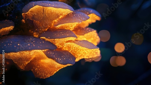 Close-up view of luminescent mushrooms glowing softly in a dark environment, showcasing intricate details of the mushroom caps with droplets of water and a blurred background of bokeh lights. The warm photo
