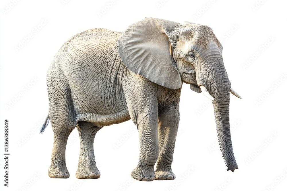 Fototapeta premium Standing African Elephant Isolated on White Background for Conservation Projects