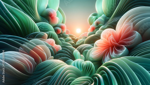 A futuristic spring-inspired abstract composition, swirling patterns of neon green leaves and soft coral flower petals merging into a glossy glass-like surface, reflecting a holographic sunrise, seaml