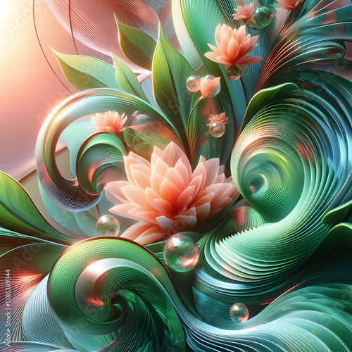 A futuristic spring-inspired abstract composition, swirling patterns of neon green leaves and soft coral flower petals merging into a glossy glass-like surface, reflecting a holographic sunrise, seaml