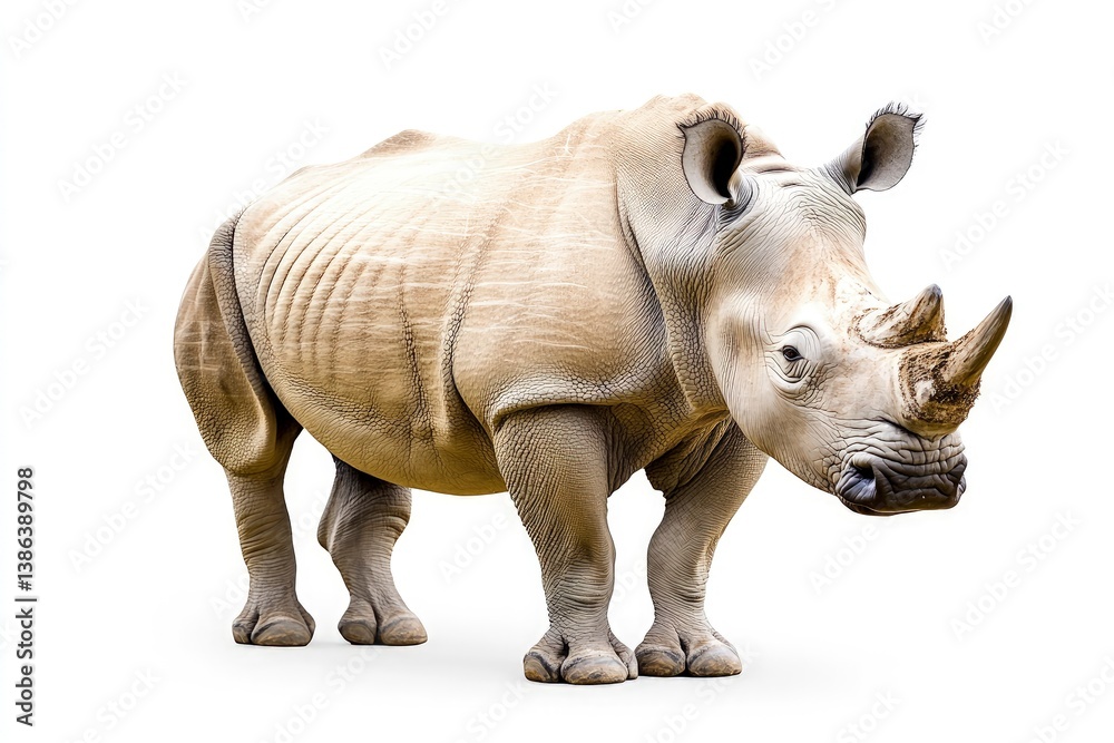 Fototapeta premium Standing Rhinoceros with Distinctive Horn on Isolated White Background Studio