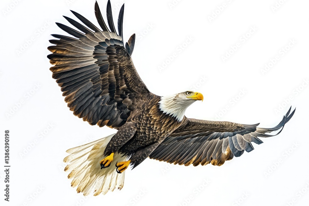 Fototapeta premium Bald Eagle Flying High with Wings Spread Against a White Sky