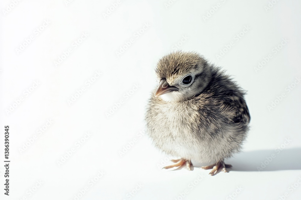 Obraz premium Adorable Tiny Bird Chick Sitting on White Background Studio Shot