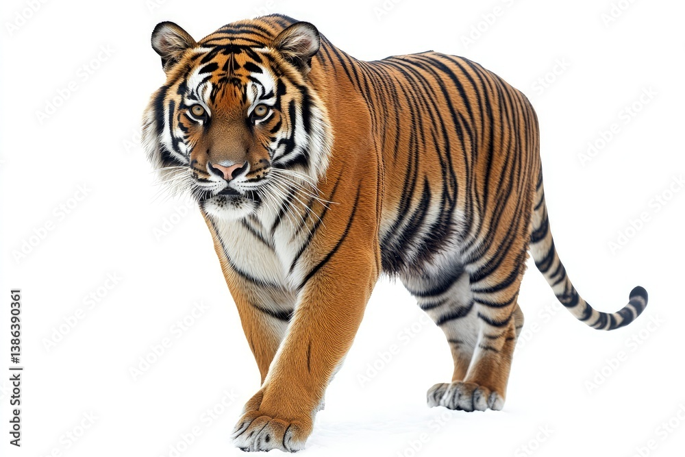Obraz premium Walking Tiger Portrait on White Background Wild Animal Presentation Wildlife Theme