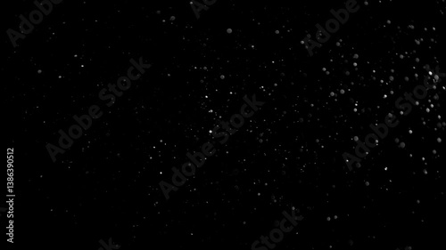Natural Organic Dust Particles Floating On Black Background. Glittering Sparkling Particles Randomly Spin In The Air With Bokeh. Dynamic Particles With Fast And Slow Motion. Shimmering Dust In Space.	