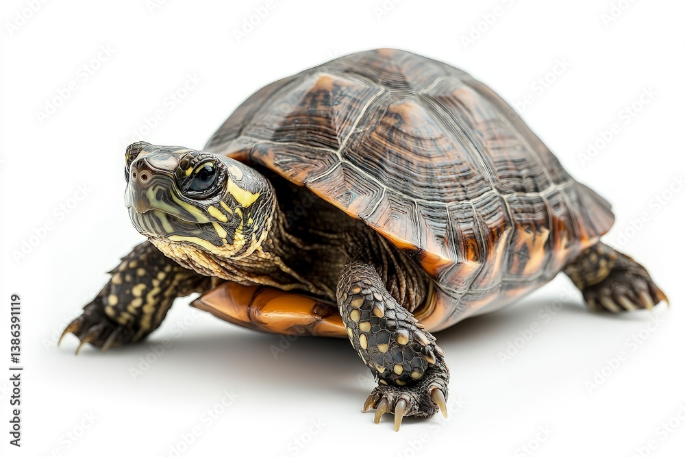 Walking Turtle with Patterned Shell on White Background Studio Shot Walking Turtle with Patterned Shell on White Background Studio Shot