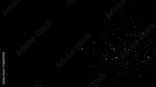 Natural Organic Dust Particles Floating On Black Background. Glittering Sparkling Particles Randomly Spin In The Air With Bokeh. Dynamic Particles With Fast And Slow Motion. Shimmering Dust In Space.	