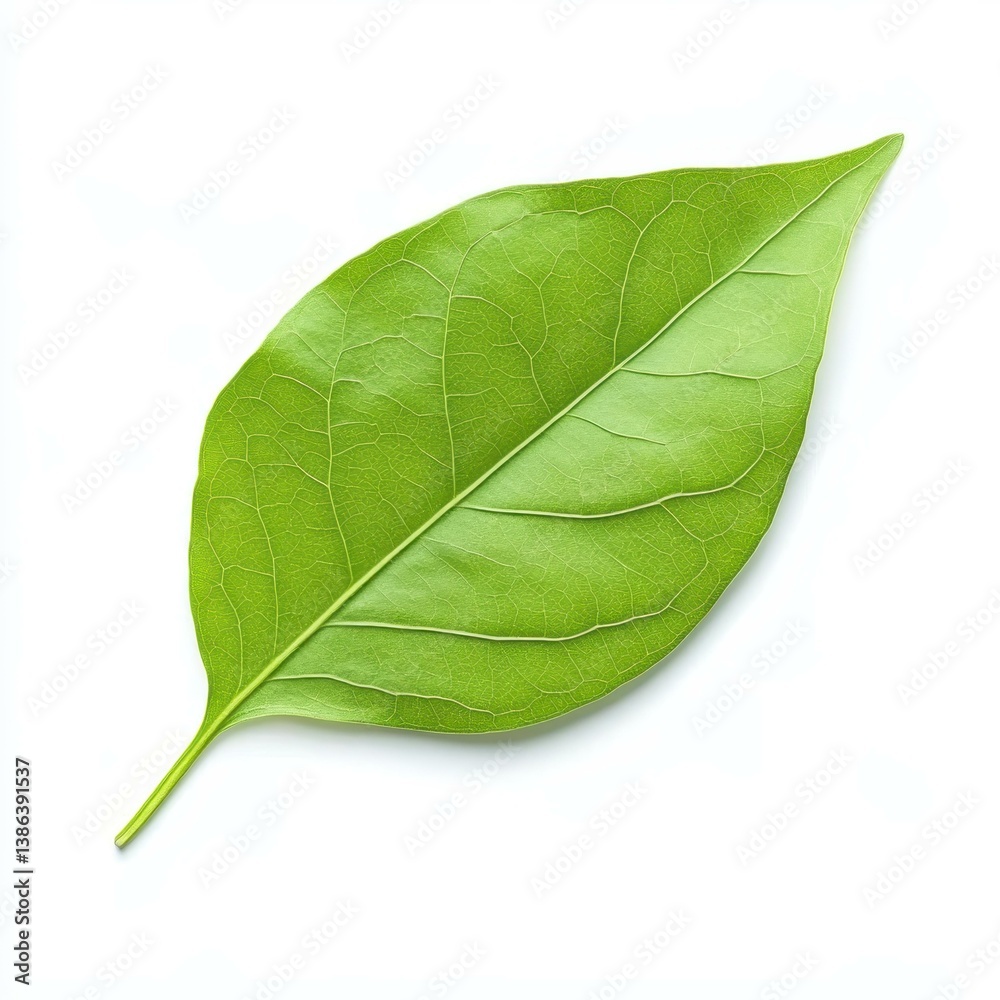 Fototapeta premium A fresh green leaf delicately rests on a clean white background, showcasing natures beauty in simplicity.
