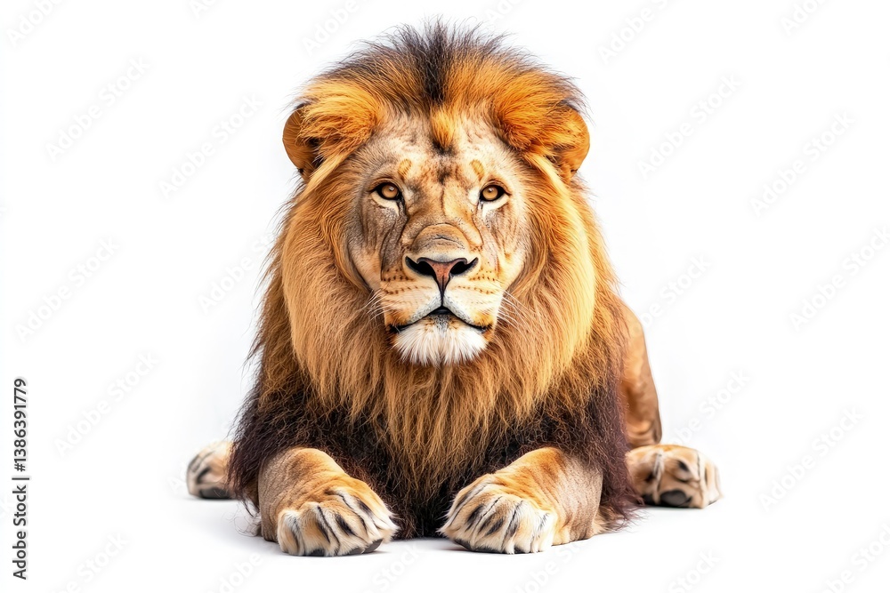 Fototapeta premium Majestic Lion Resting Isolated on White Background Portrait