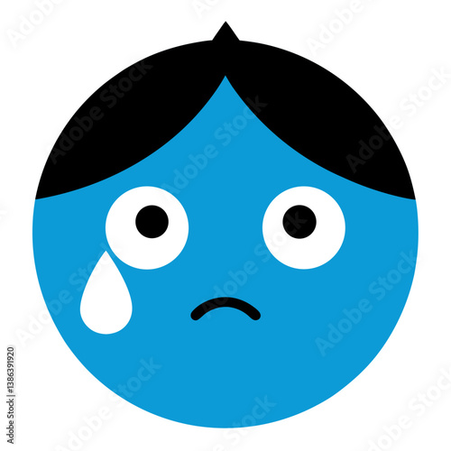 Sad Crying Face Emoji Icon Blue Tear Expression Cartoon Character Illustration

