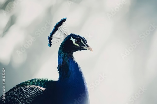 Peacock Portrait Profile with Intricate Plumage and Regal Pose in Soft Light