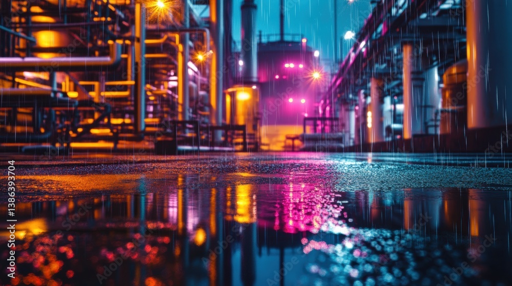 A vibrant industrial scene captured in the rain, with reflections illuminating the wet ground. The image features pipes and machinery surrounded by colorful lights, predominantly in shades of blue, or A vibrant industrial scene captured in the rain, with reflections illuminating the wet ground. The image features pipes and machinery surrounded by colorful lights, predominantly in shades of blue, or