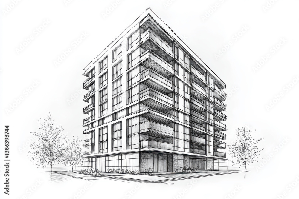 Fototapeta premium Modern apartment building architectural sketch design drawing isolated on transparent background isolated on transparent background