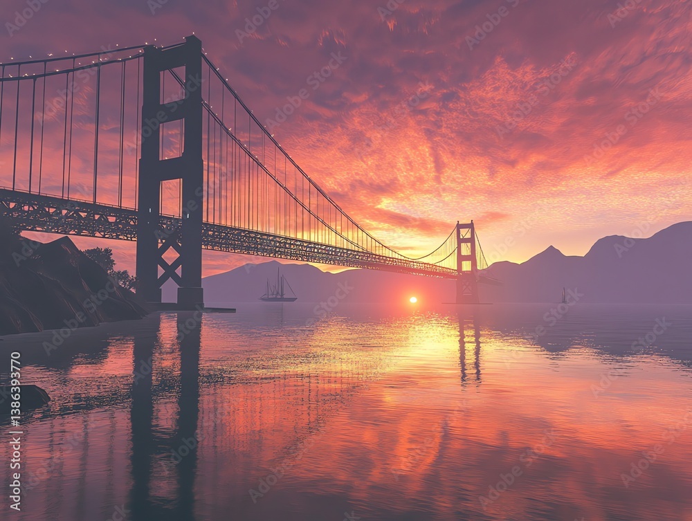 Fototapeta premium Golden Gate Bridge at Sunset Reflecting in Calm Water San Francisco