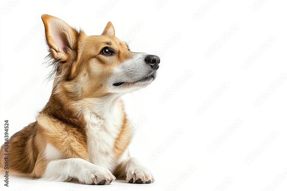 Alert Pembroke Welsh Corgi Dog Laying Down Looking Upward on White
