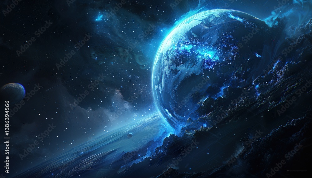 Obraz premium A breathtaking view of Earth from space, showcasing vibrant blue and green colors, with swirling clouds and distant celestial bodies, creating a sense of wonder and exploration