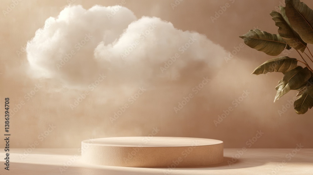 Beige podium with cloud, product display, minimal background Beige podium with cloud, product display, minimal background