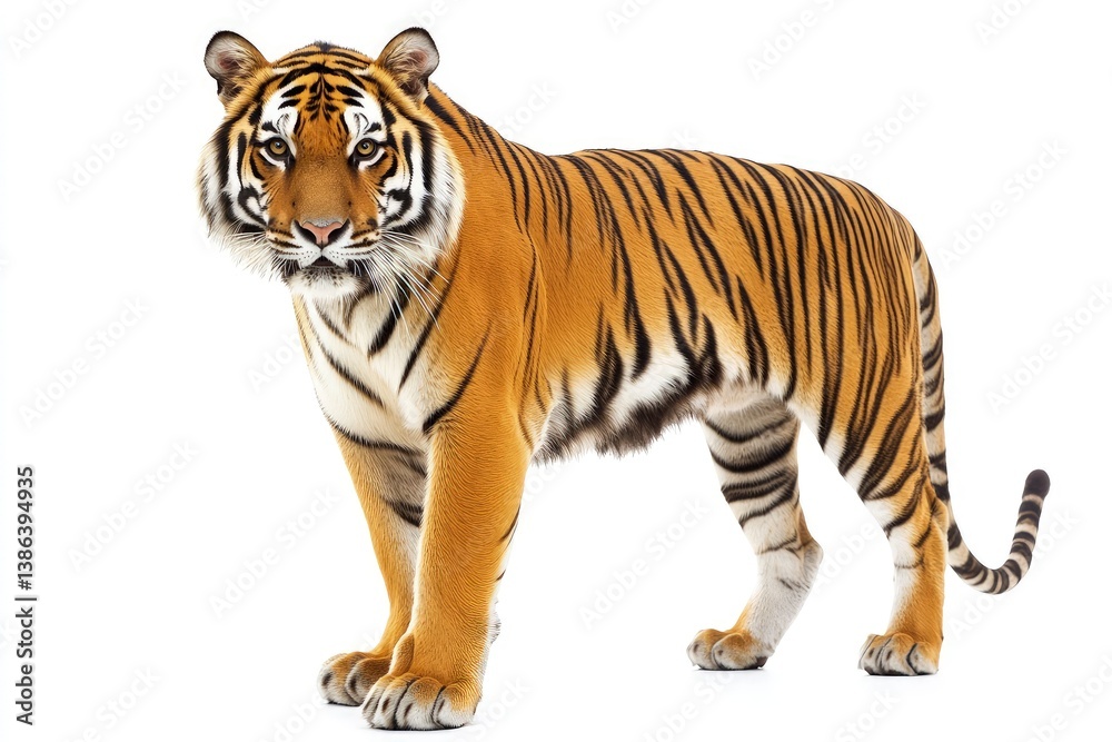 Fototapeta premium Standing Bengal Tiger Posing Proudly on Isolated White Background Studio Shot