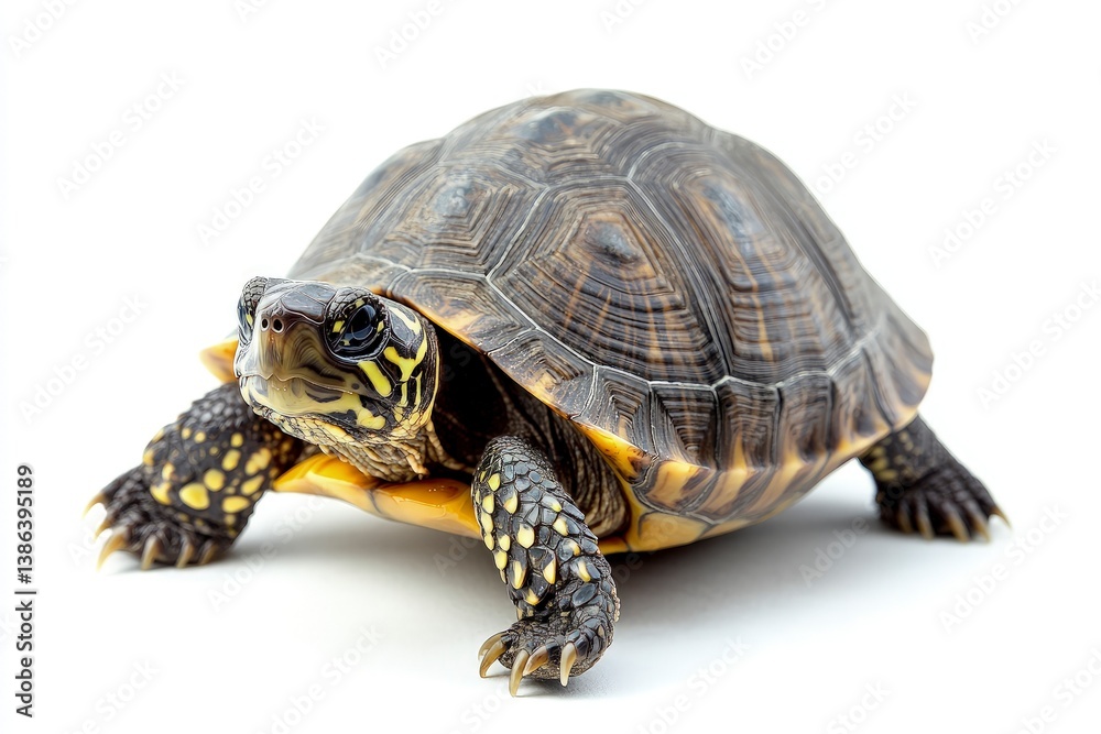 Close-up of Turtle Walking on White Background with Detailed Shell Pattern Close-up of Turtle Walking on White Background with Detailed Shell Pattern