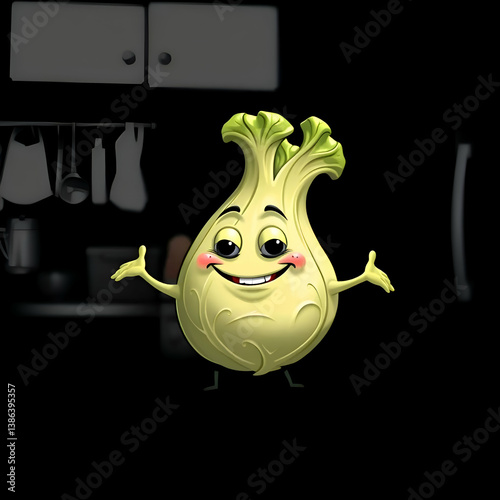 A Cartoonish Fennel Vegetable Character Poses with a Cheerful Expression