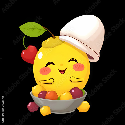 An adorable cartoon lemon character with chef hat and fruit bowl