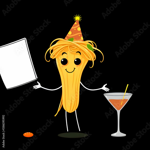 Animated food character holding a sign celebrating with a drink