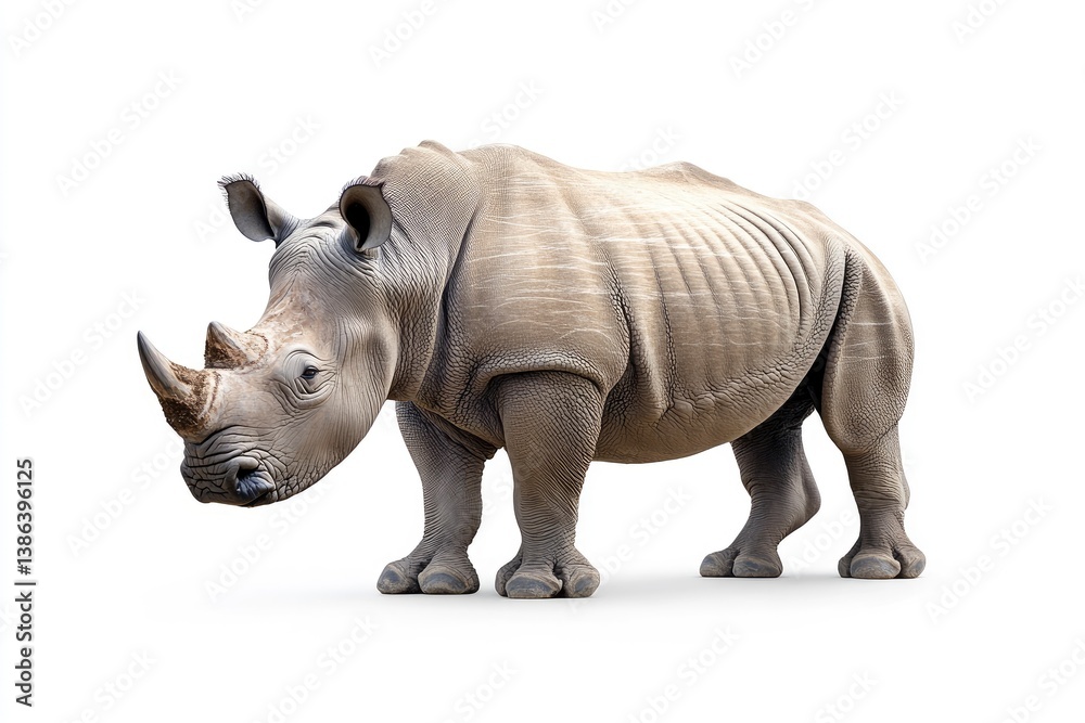 Obraz premium Standing Rhinoceros Isolated on White Background Showcasing Its Skin Texture