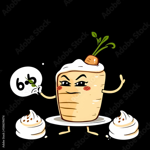 An anthropomorphic vegetable dessert character with an angry expression is shown