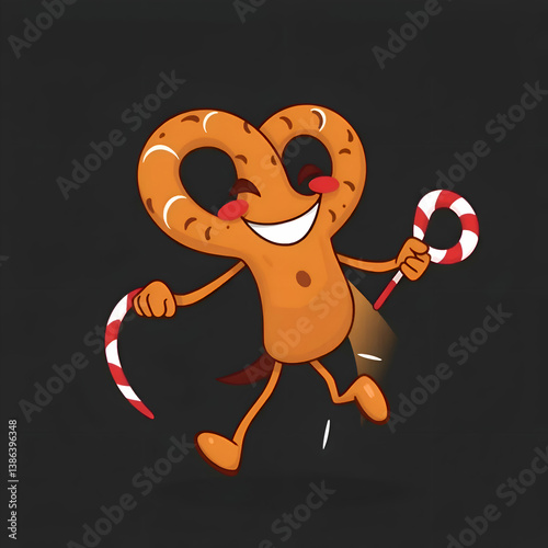 A cheerful pretzel character is holding candy canes excitedly