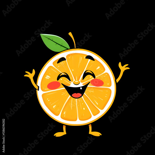 A happy cartoon orange slice character with a cheerful expression and limbs