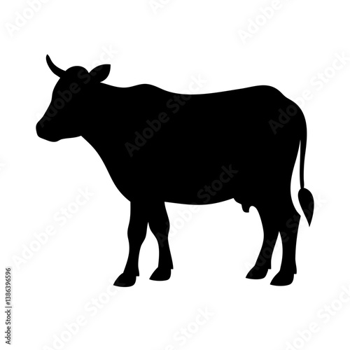 Cow Silhouette: A simple, clean, and impactful graphic silhouette of a cow in stark black against a pristine background, perfect for design and branding.