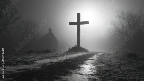 Foggy Crossroad: A Monochromatic Vision of Faith and Mystery photo