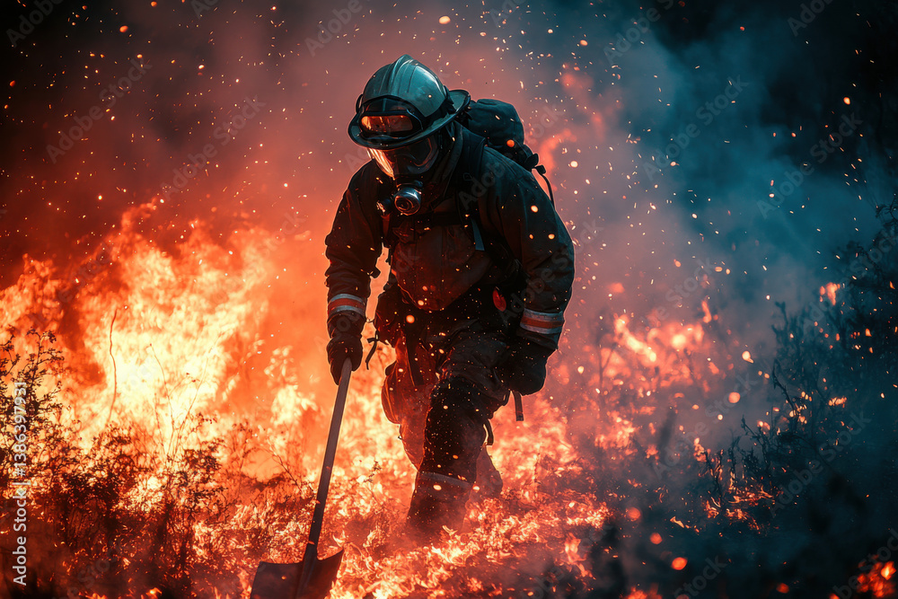 A firefighter is seen in a burning forest, holding a shovel and wearing a helmet