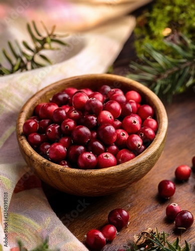 Fresh cranberries in wooden bowl with rustic decor