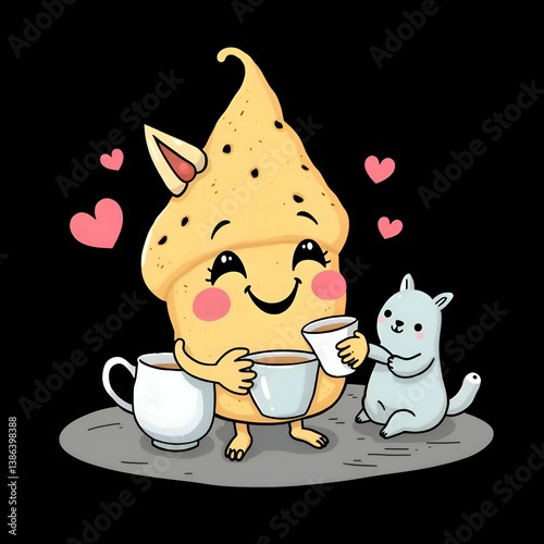 A cartoon dessert offers cups of coffee to a small animal