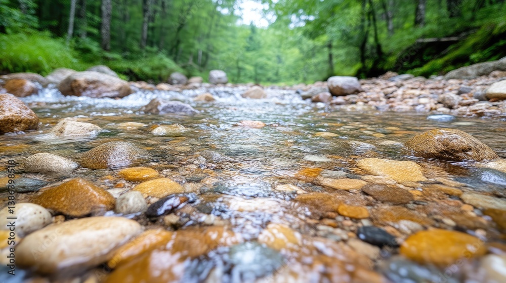 Crystal-clear stream flowing through a rocky forest floor Crystal-clear stream flowing through a rocky forest floor