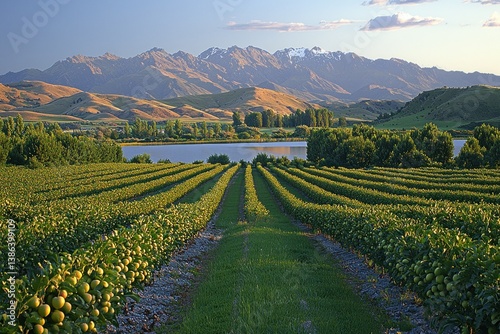 Serene Orchard Landscape in the Sunset Glow, Majestic Mountains in the Background