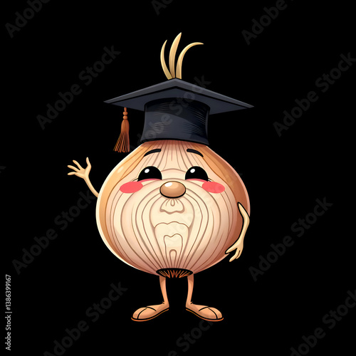 An animated onion character wearing a graduation mortarboard hat