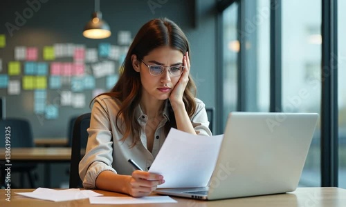 A frustrated young woman looks over paperwork at her desk in a modern office, struggling to comprehend complex documents