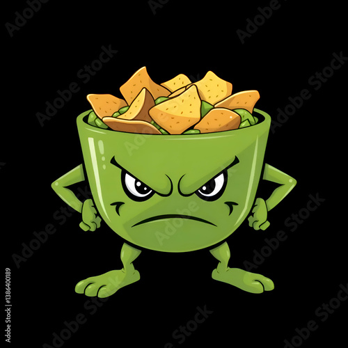 An angry guacamole bowl character filled with tortilla chips displayed