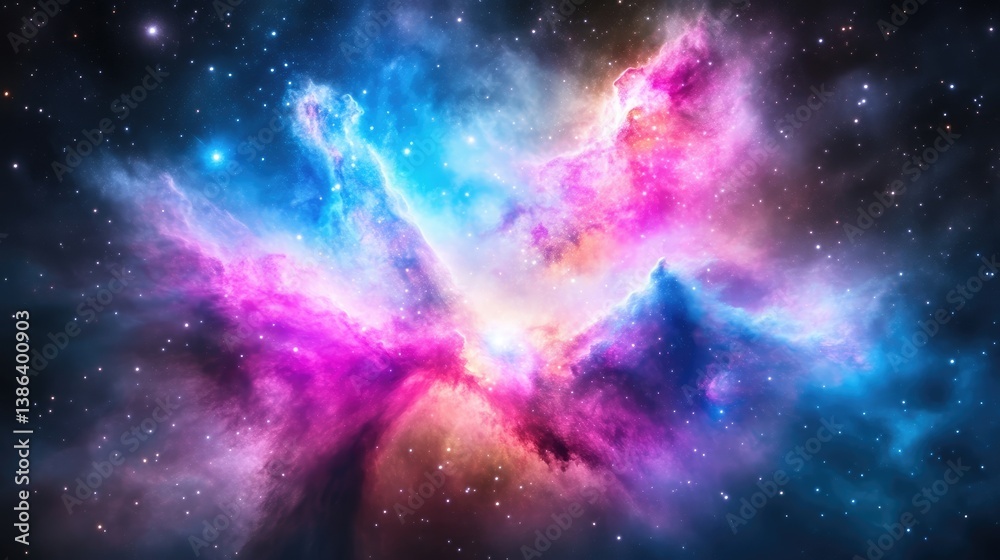 Fototapeta premium Vibrant nebula with swirling colorful clouds of gas and dust in deep space, cosmic explosion of pink, blue, and purple hues, and celestial beauty.