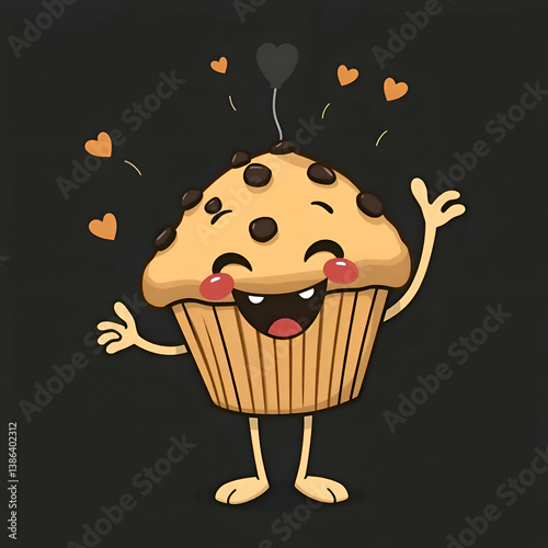 A cheerful chocolate chip muffin character is waving and smiling widely