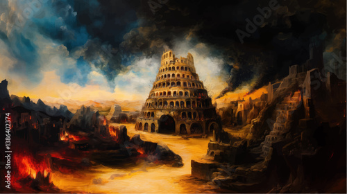 classic traditional renaissance oil painting illustration of Tower of Babel in hell	