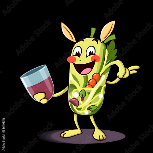 A happy cartoon vegetable character holds a glass of wine