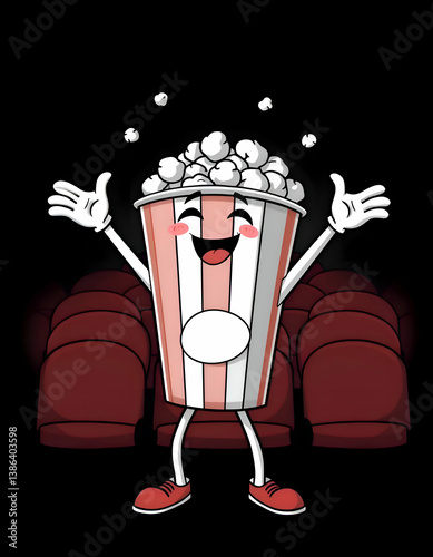 A happy cartoon popcorn container is in a movie theater setting