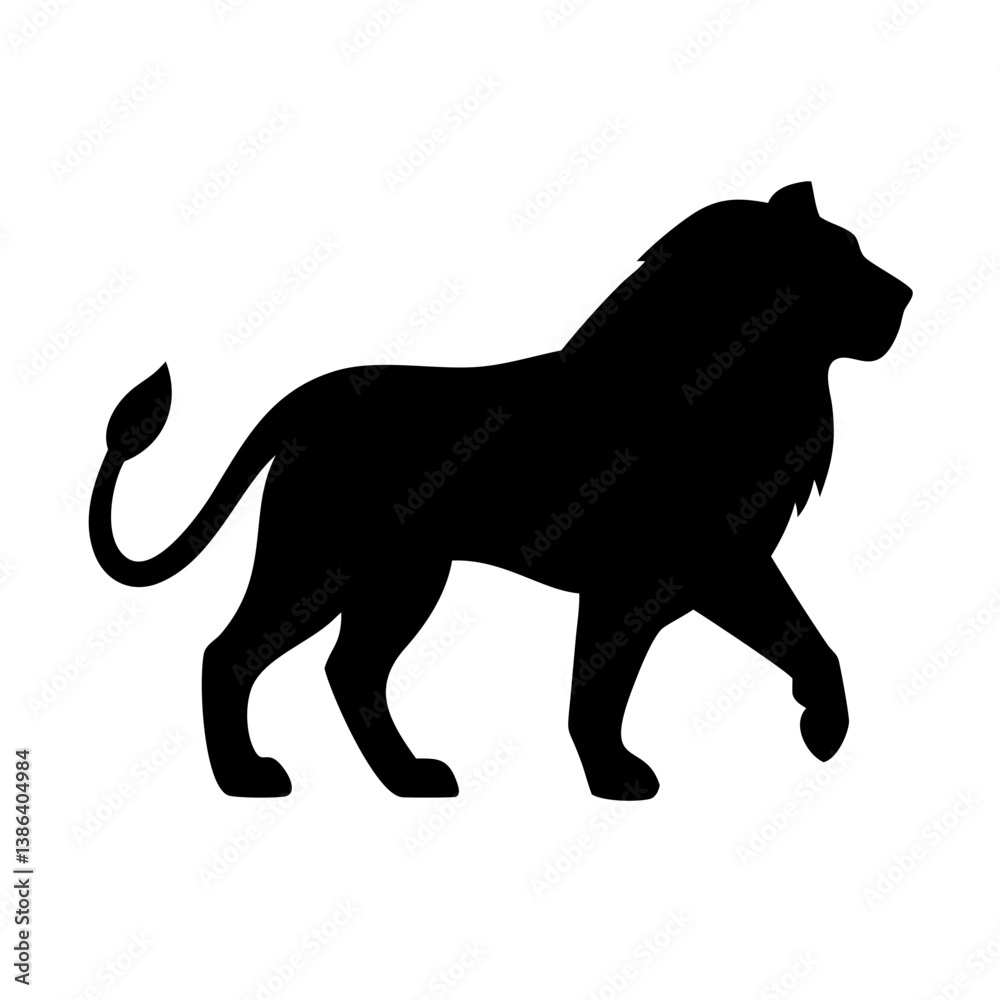 Obraz premium Majestic Lion Silhouette: A striking black silhouette of a regal lion strides confidently, its powerful form a symbol of courage and authority.
