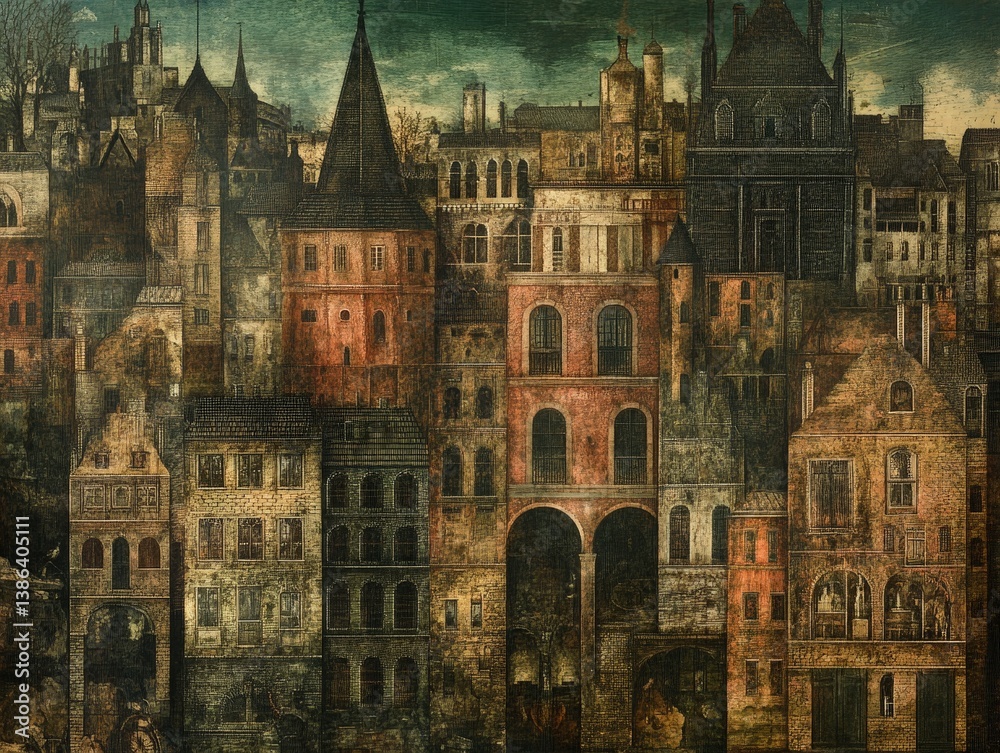 Fototapeta premium A detailed depiction of a historic cityscape featuring intricate architecture, diverse building styles, and a moody sky, capturing the essence of urban life in a bygone era