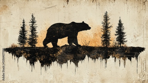 Majestic Bear Silhouette in the Wild: A Grunge Artistic Depiction of a Grizzly Bear Roaming Through a Pine Forest at Sunset