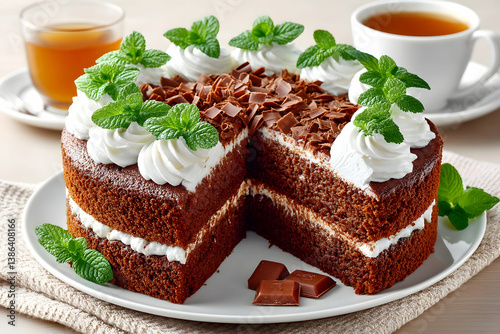 Wallpaper Mural Chocolate cake with whipped cream, mint, and chocolate shavings, served with tea Torontodigital.ca