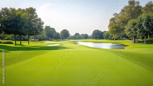 Wallpaper Mural A lush green golf course unfolds, featuring a gently sloping fairway and a tranquil pond. Mature trees line the course, creating a serene landscape. The image boasts high resolution and natural light Torontodigital.ca